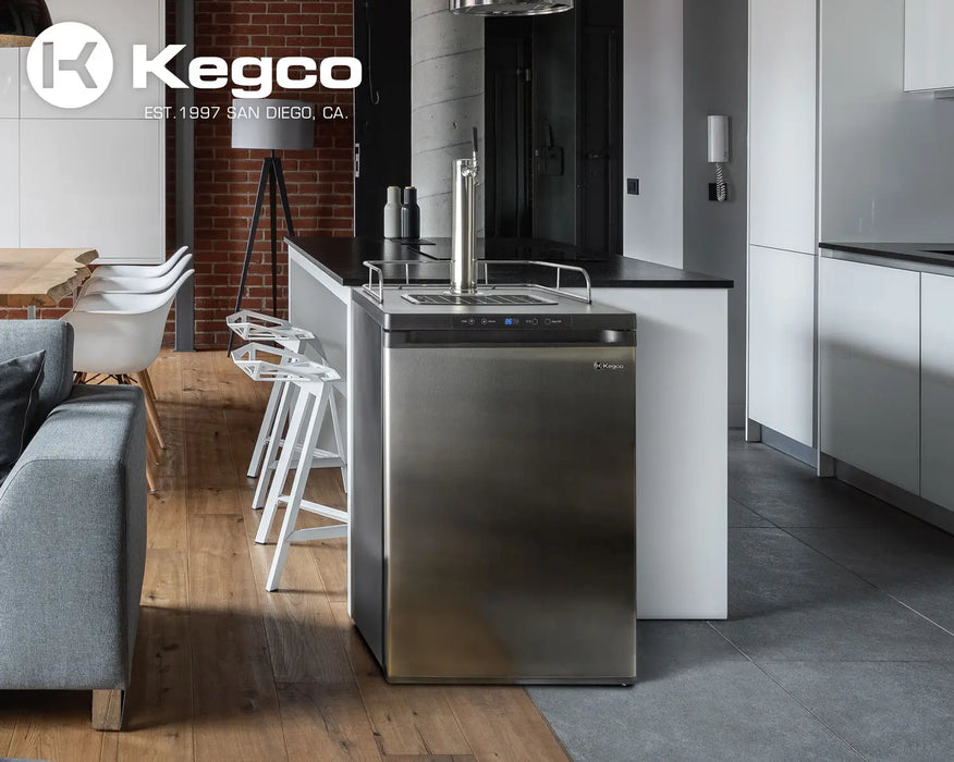 Modern kitchen with a stainless steel refrigerator, Kegco logo visible