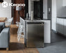 Modern kitchen with a stainless steel refrigerator, Kegco logo visible